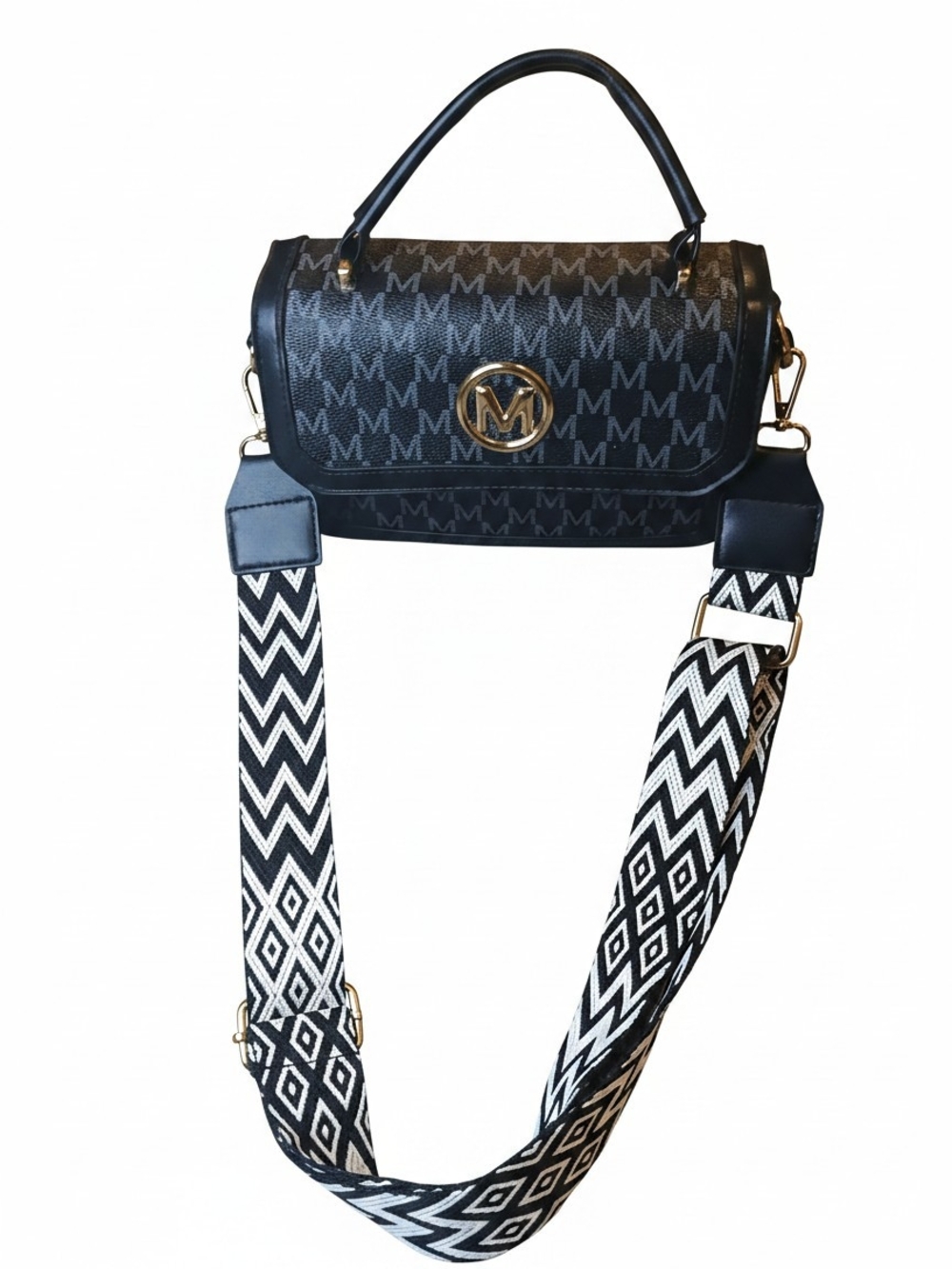 MK-Style Black Monogram Top-Handle Crossbody Bag with Patterned Strap